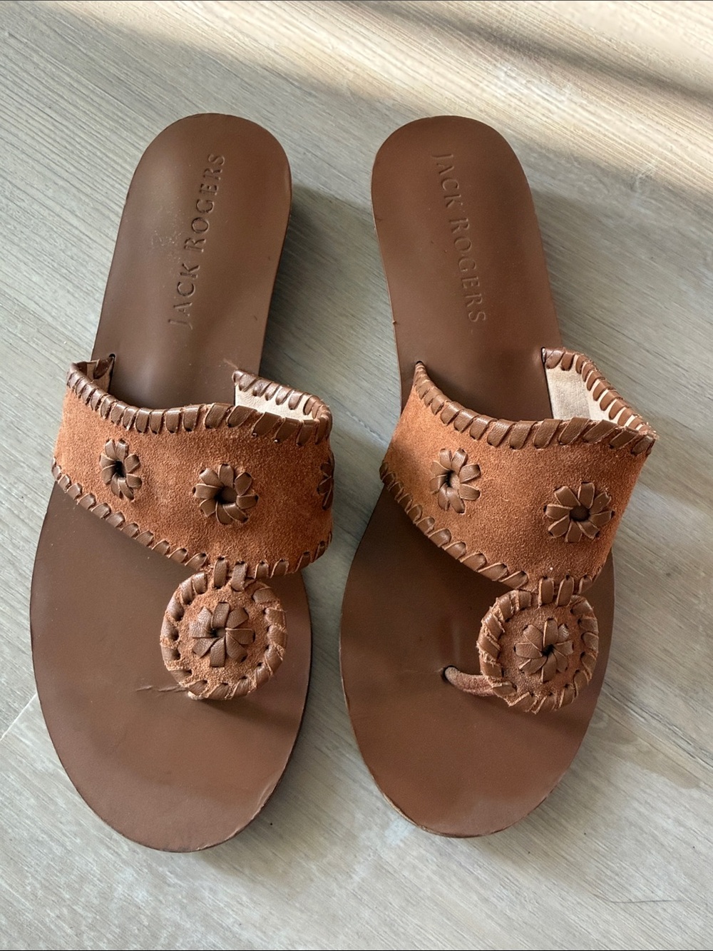 Jack Rogers Brown Leather Slide Sandals with Whipstitch Accents 9.5